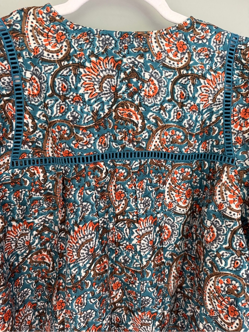 Emerson Fry India Collection "Isla" 100% Silk Teal Rust Paisley Peasant Top - Picture 10 of 15